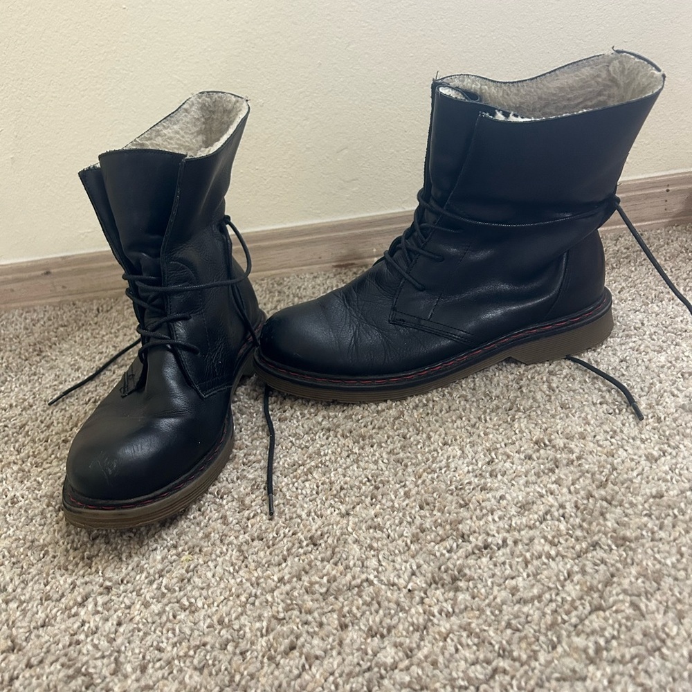 Avellini Combat Shearling Lined Soft Leather Sz 9 Boot Women's 40 Black Lace Tie
